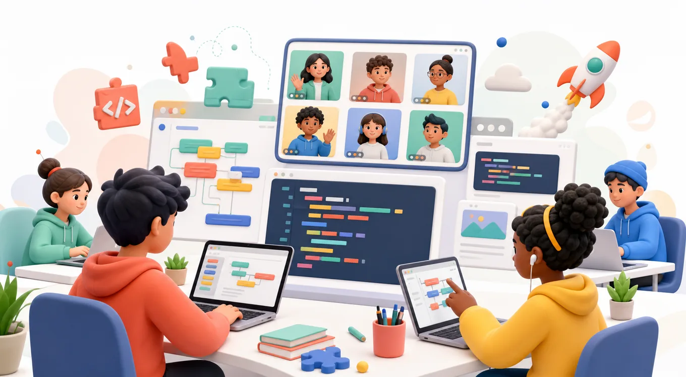 Students building coding projects together in an online StackLab class